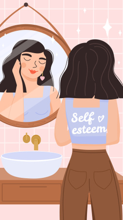 Self Esteem Inspiration with Girl admiring in Mirror Instagram Story Design Template