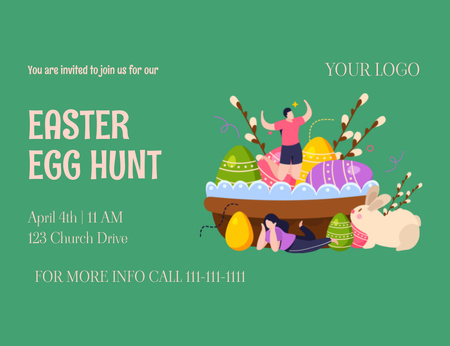 Plantilla de diseño de Búsqueda anual de huevos de Pascua con canasta y conejito Invitation 13.9x10.7cm Horizontal 
