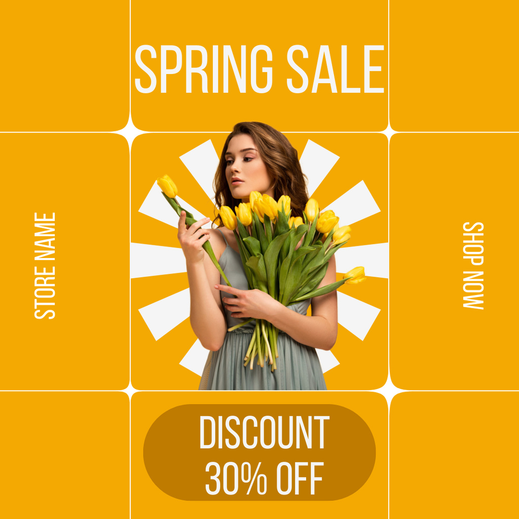 Spring Sale with Woman with Bouquet Instagram AD Design Template