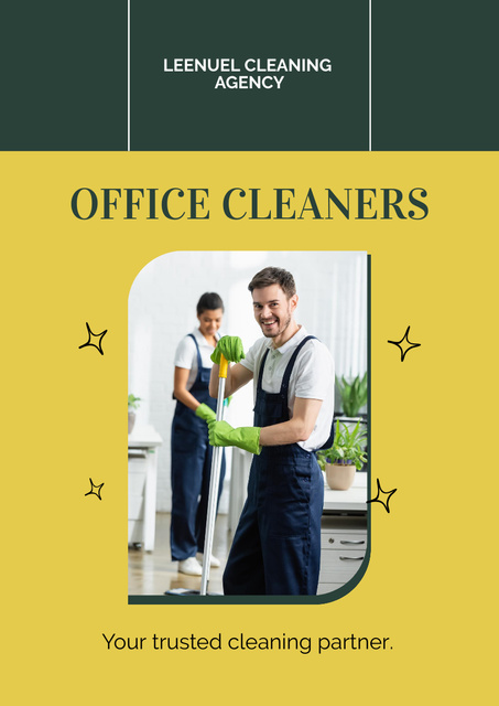 Plantilla de diseño de Office Cleaning Offer with Personnel in Uniform Poster A3 
