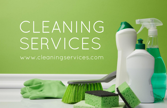 Cleaning Services Offer with Cleaning Products Business Card 85x55mm Πρότυπο σχεδίασης