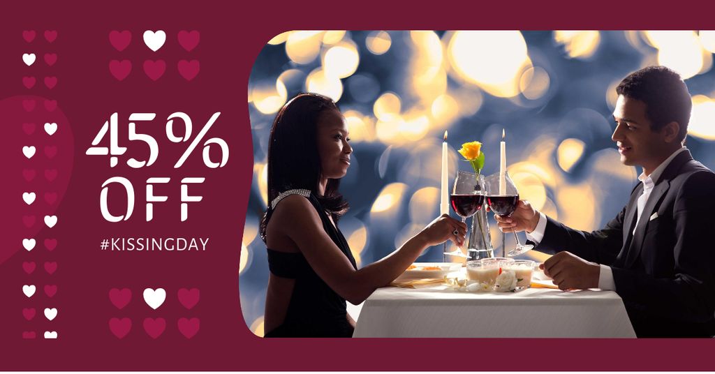 Ontwerpsjabloon van Facebook AD van Kissing Day Offer with Couple in Restaurant