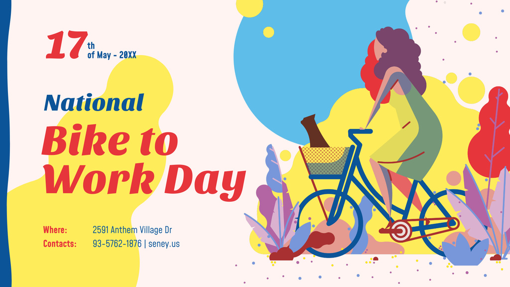 Bike to Work Day Greeting Girl Riding Bicycle FB event cover Design Template
