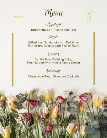 Plantilla de diseño de Lista de aperitivos de boda con rosas sobre fondo beige Menu 8.5x11in 