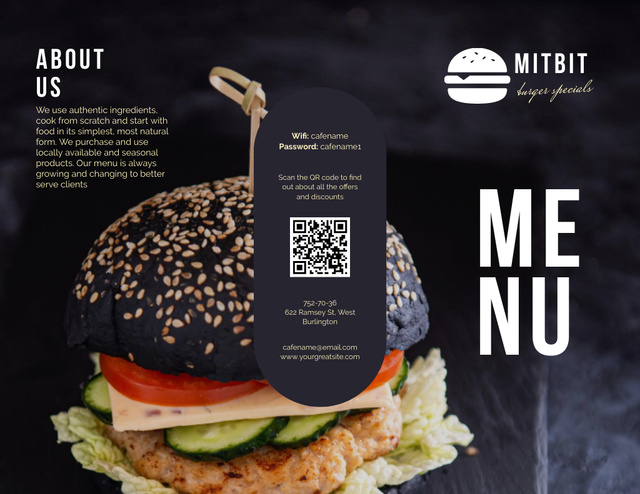 Designvorlage Delicious Black Burger Offer für Menu 11x8.5in Tri-Fold