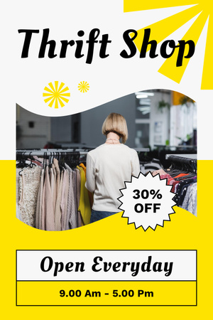 Pre-owned clothes in thrift shop yellow Pinterest Design Template