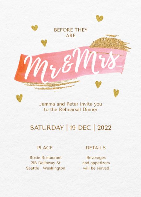 Rehearsal Dinner Announcement with Golden Hearts Invitation Design Template