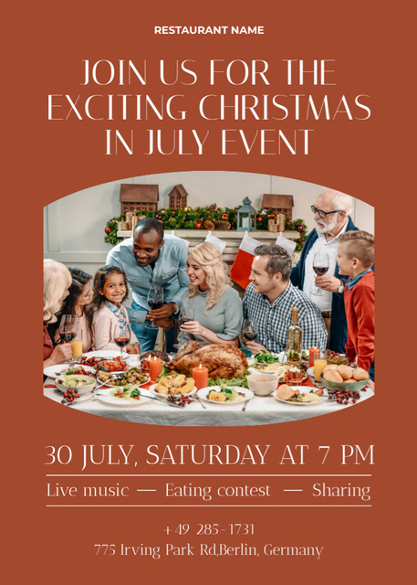 Designvorlage July Christmas Party with Multiracial Family on Brown für Flayer