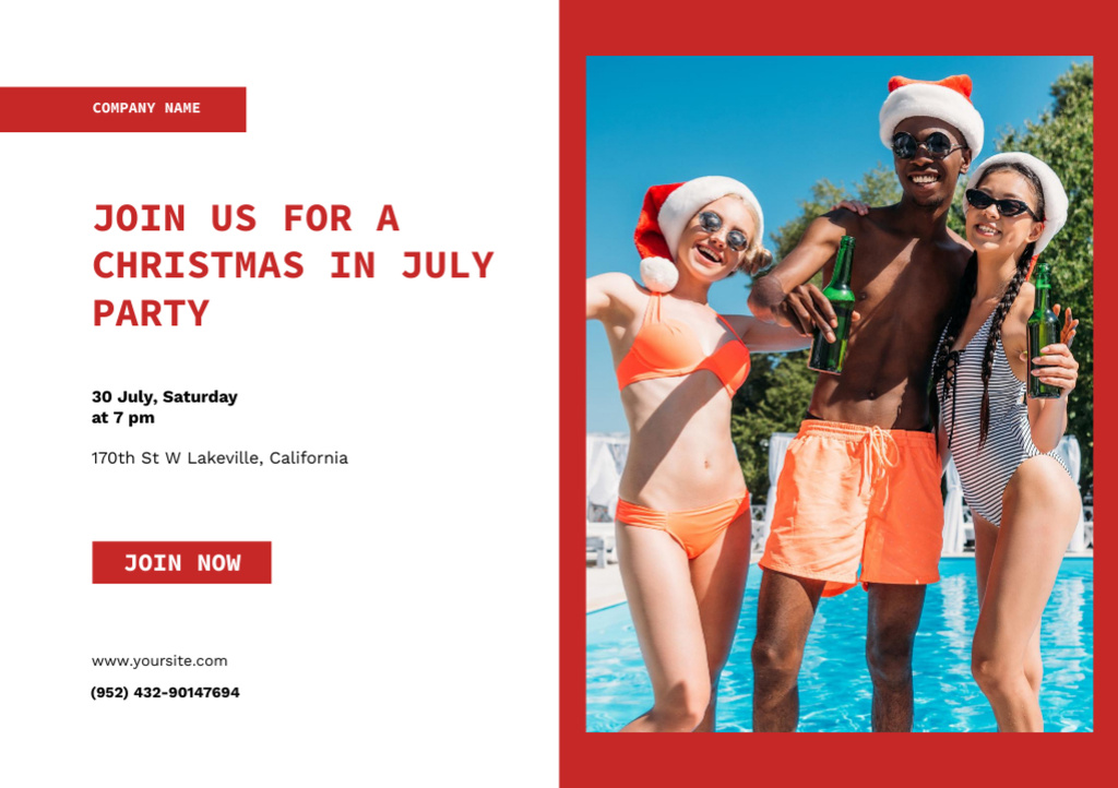Joyful July Christmas Party by the Pool Announcement Flyer A5 Horizontal Design Template