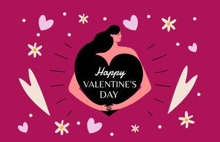 Happy Valentine's Day Greeting with Woman Hugging Heart Thank You Card 5.5x8.5in Design Template