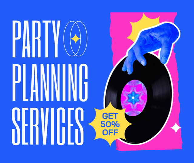 Ontwerpsjabloon van Facebook van Discount on Party Planning Service with Retro Vinyl