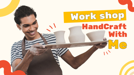 Handicraft Workshop with Man Holding Clay Pots on Tray Youtube Thumbnail Design Template
