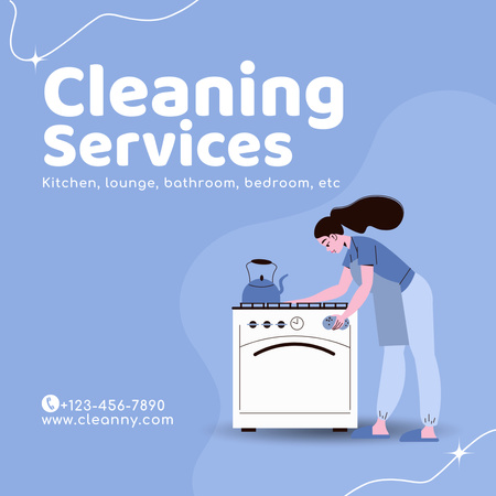 Plantilla de diseño de House Cleaning Services with Girl in Kitchen Instagram AD 