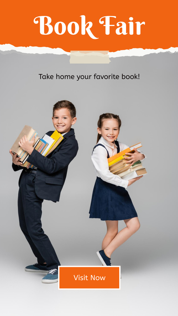 Designvorlage Children's Book Fair Announcement with Kids holding Books für Instagram Story
