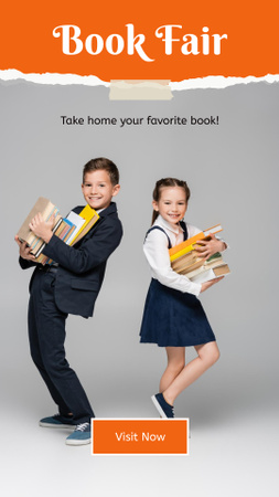 Lastenkirjamessujen ilmoitus, jossa lapset pitävät kirjoja kädessään Instagram Story Design Template
