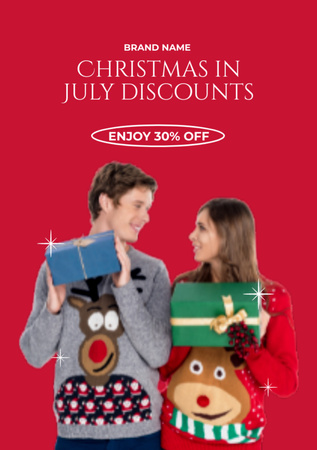 July Christmas Discount Announcement with Young Couple Flyer A7 Design Template