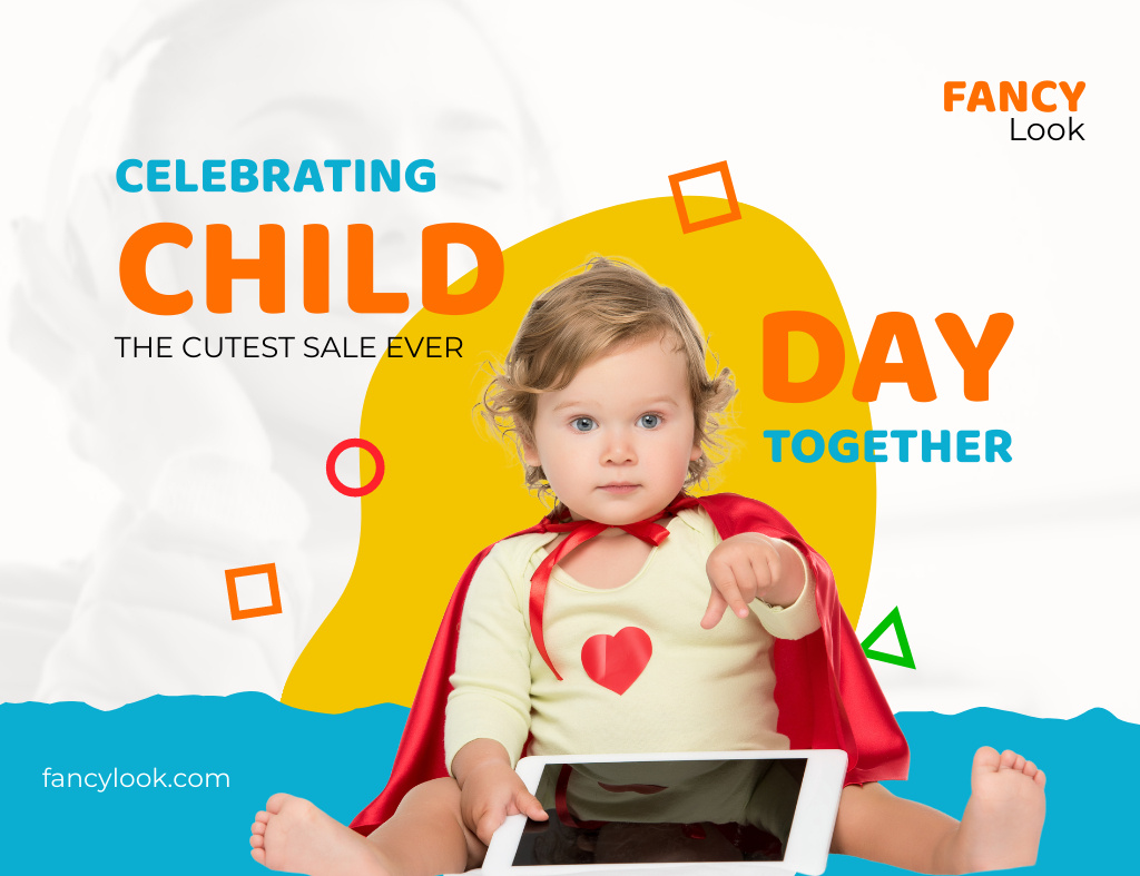 Platilla de diseño Children's Day Boy with Tablet Thank You Card 5.5x4in Horizontal