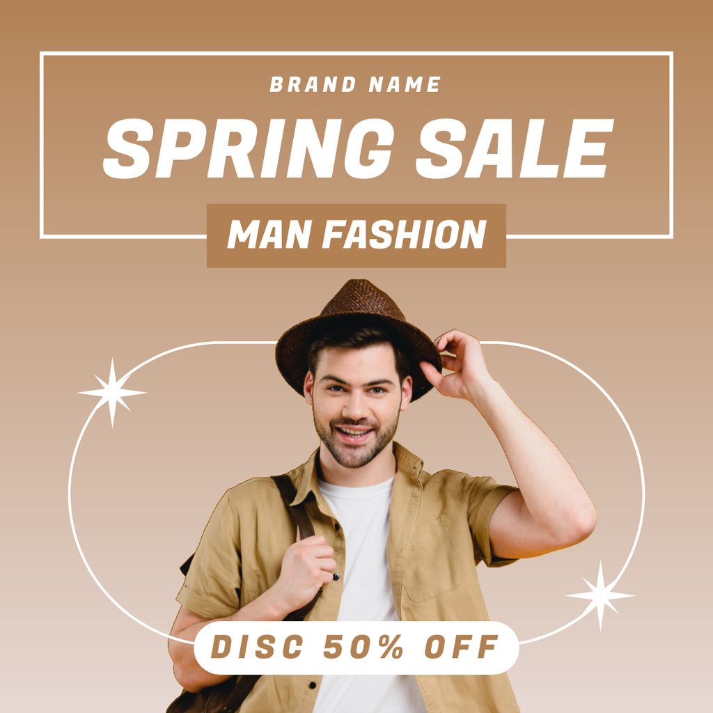 Men's Spring Fashion Sale Announcement with man in Hat Instagram ADデザインテンプレート