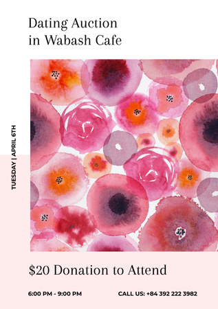 Ontwerpsjabloon van Flyer A5 van Dating veilingaankondiging met roze aquarel bloemen