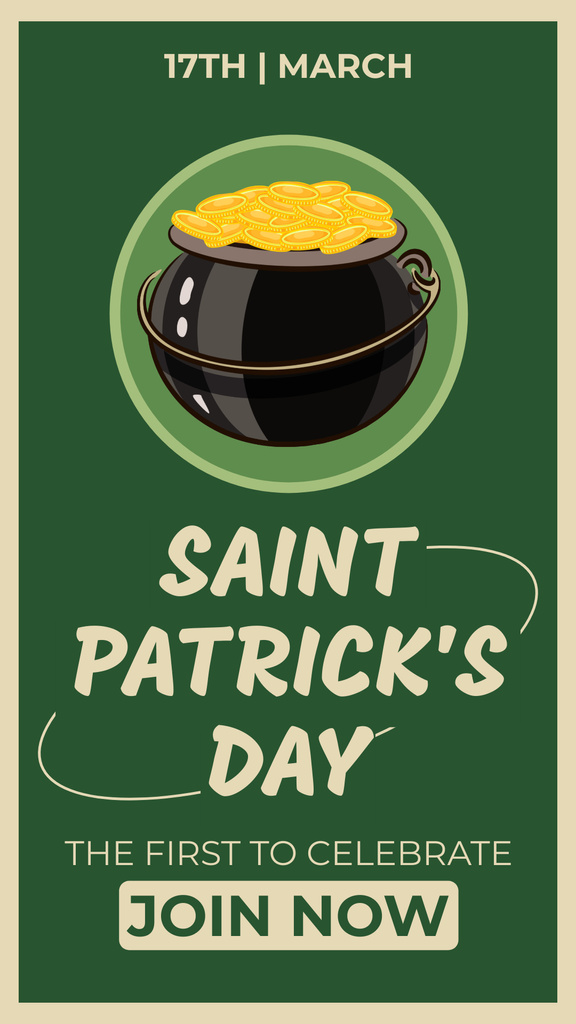 St. Patrick's Day Party Announcement with Pot of Gold Instagram Story Modelo de Design