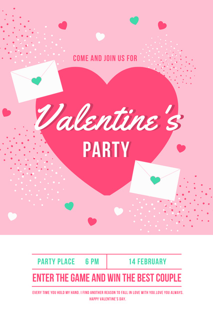 Valentine's Day Party Announcement with Pink Heart Pinterest Modelo de Design