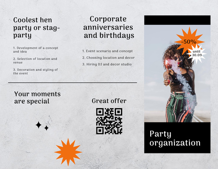 Szablon projektu Party Organization Services Offer with Woman in Bright Outfit Brochure 8.5x11in Z-fold