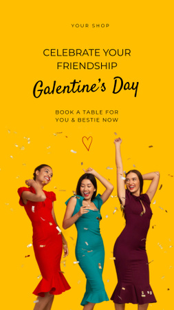 Galentine`s Day Celebrating In Restaurant With Besties Instagram Video Story Design Template