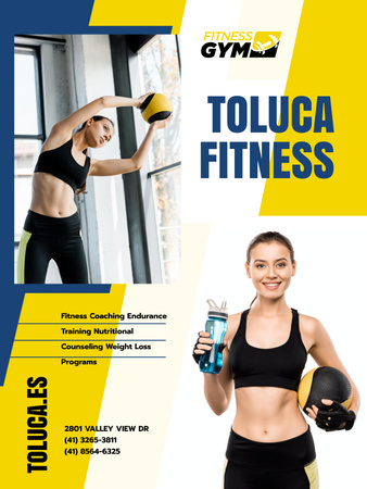 Designvorlage Fitnessstudio-Werbung mit Frau mit Ausrüstung für Poster 36x48in
