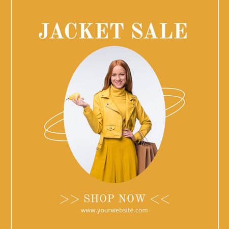 Jacket Sale Announcement with Extravagant Lady in Yellow Outfit Instagram Design Template