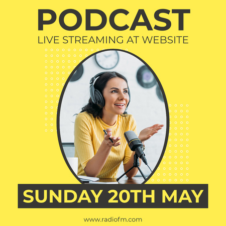 Talk Show Episode On Sunday with Woman in Studio on Yellow Instagram Design Template