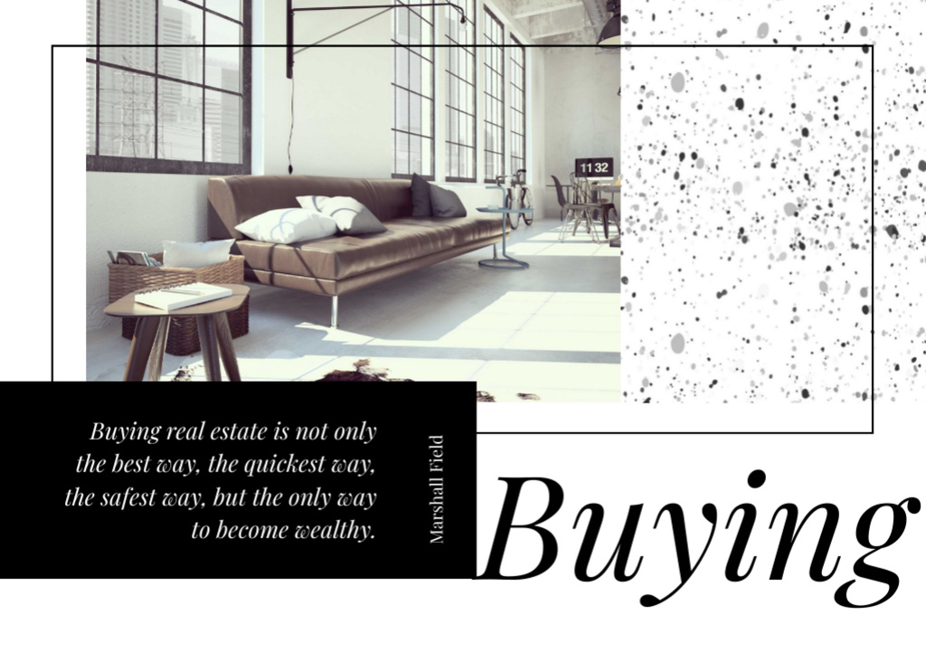 Modèle de visuel Modern Living Room Interior And Quote About Real Estate - Postcard A5