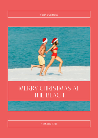 Young Couple in Christmas Santa Hats Running at Sea Beach Postcard A6 Vertical Design Template