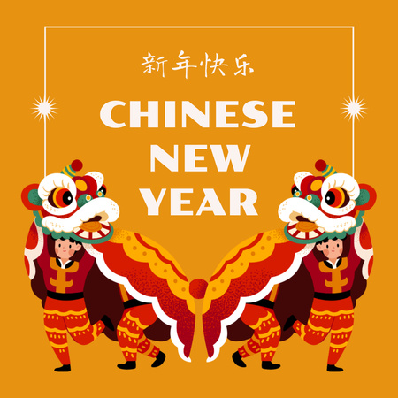 Chinese New Year Celebration with Cute Dragon Costumes Instagram Design Template