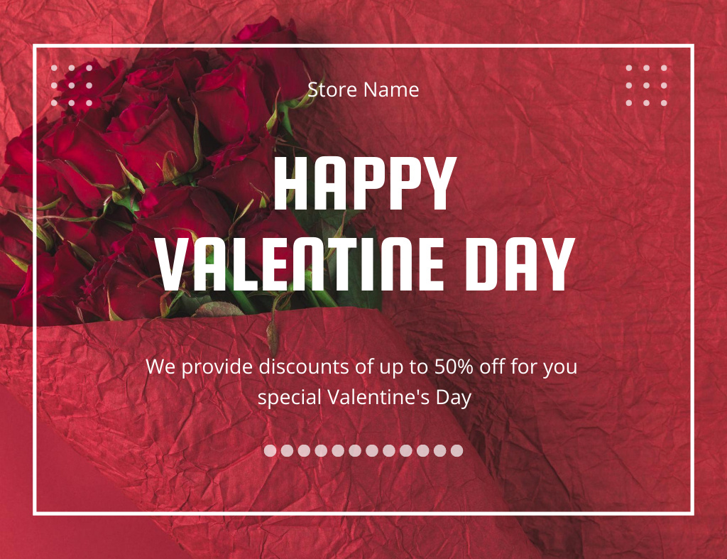 Offer Discounts On Fresh Roses for Valentine's Thank You Card 5.5x4in Horizontal Design Template