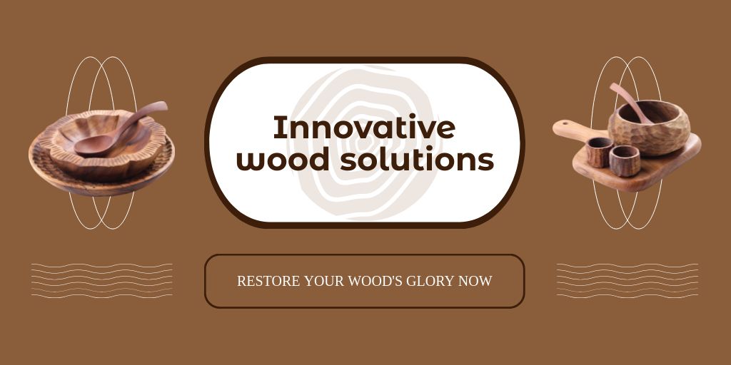Designvorlage Set Of Wooden Dishware Offer With Slogan für Twitter