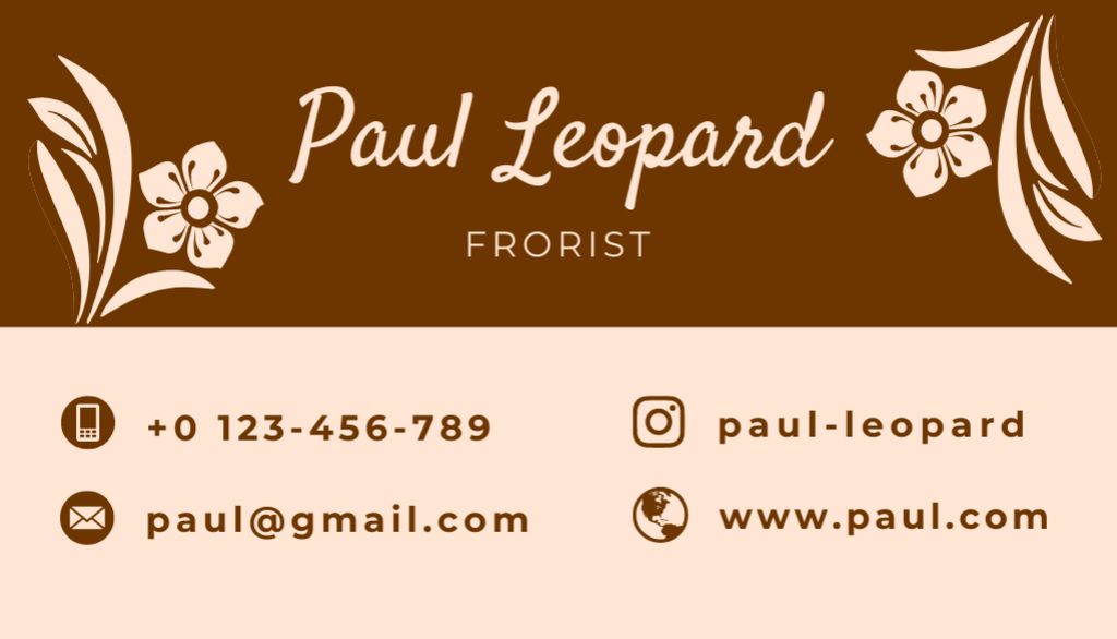 Florist Contact Info with Flowers Illustration on Brown Business Card US Πρότυπο σχεδίασης