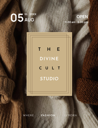 Designvorlage Eröffnung des Modestudios mit warmen Pullovern für Invitation 13.9x10.7cm