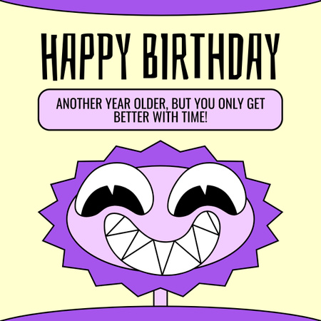 Designvorlage Geburtstagsgruß mit verrücktem lila Charakter für LinkedIn post