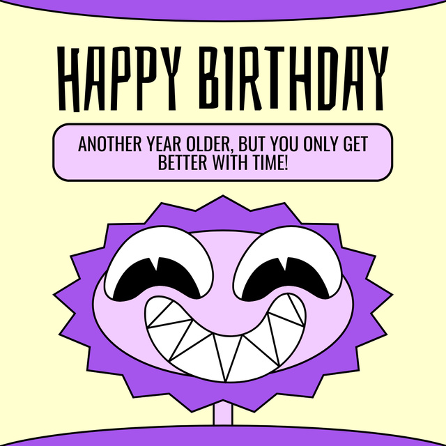 Birthday Greeting with Crazy Purple Character LinkedIn post tervezősablon