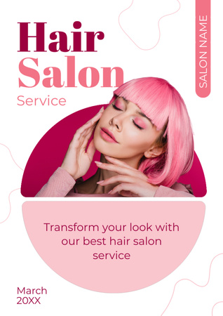 Hair Salon Ad with Pink-Haired Young Woman Newsletter Design Template