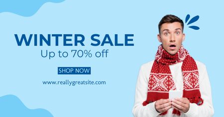 Winter Sale Ad with Surprised Young Man Facebook AD Design Template
