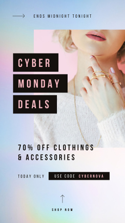 Cyber Monday Sale Woman wearing golden accessories Instagram Story Design Template