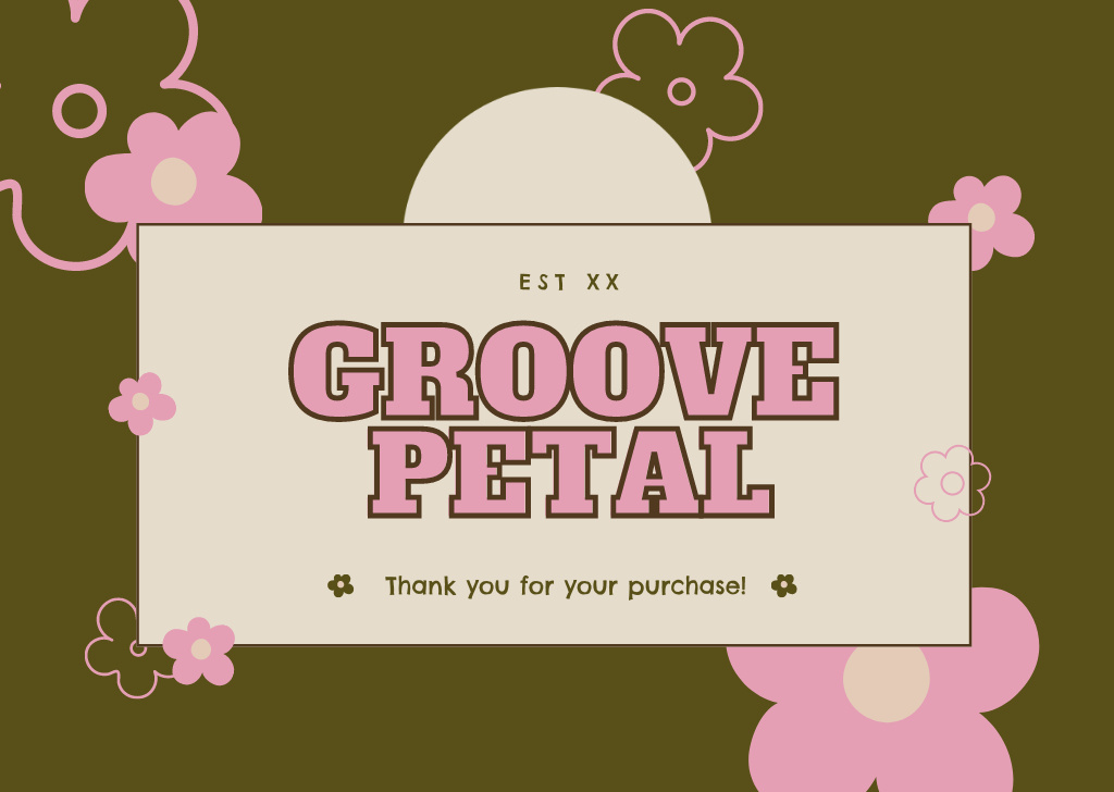 Thank You for Your Purchase Message with Pink Flowers on Green Cardデザインテンプレート