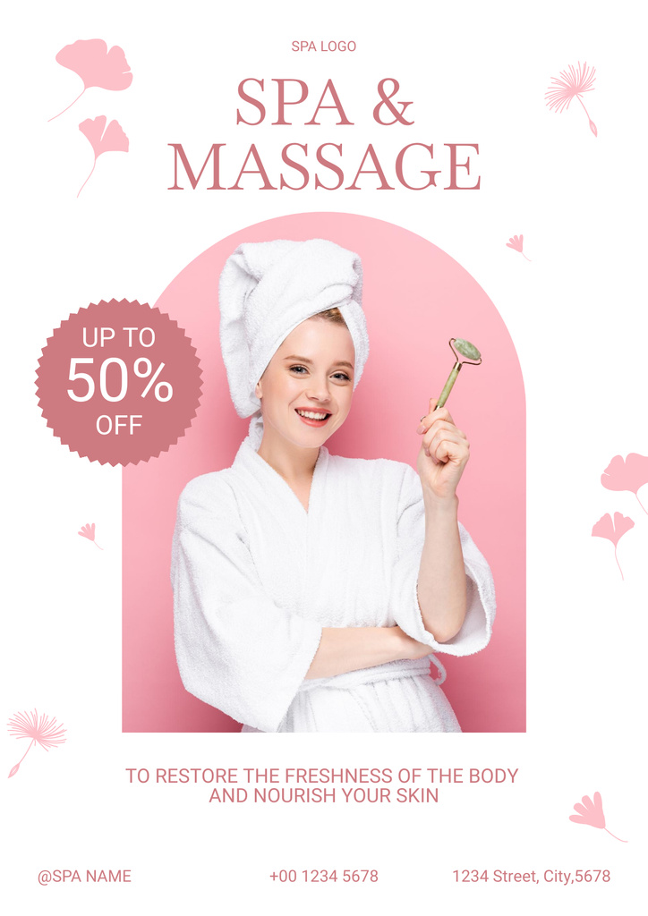 Spa and Massage Center Ad with Smiling Young Woman Posterデザインテンプレート