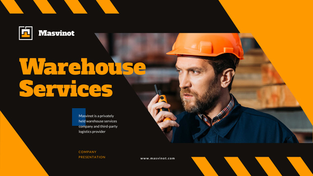 Warehouse Services Ad with Man in Hard Hat Presentation Wideデザインテンプレート