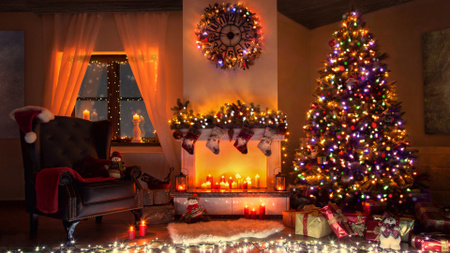 Cozy Room with Fireplace and New Year's Decor Zoom Background Design Template