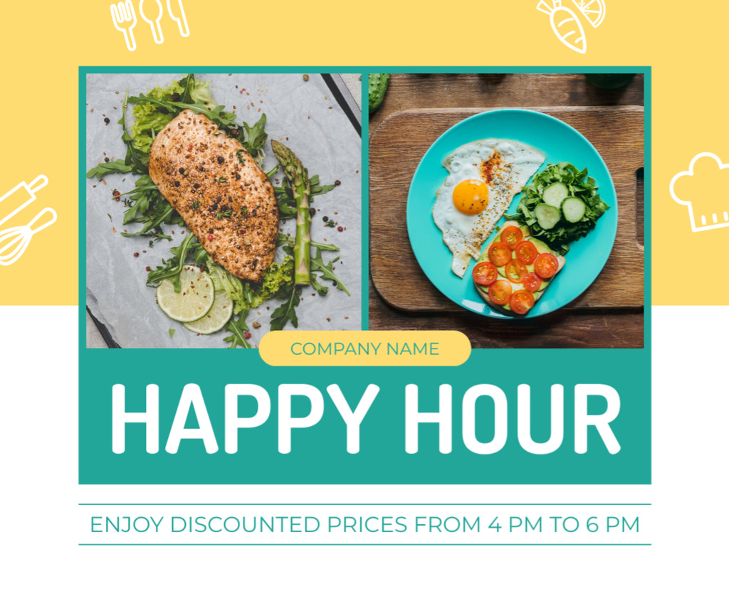 Happy Hour Announcement with Various Delicious Food Facebook Modelo de Design