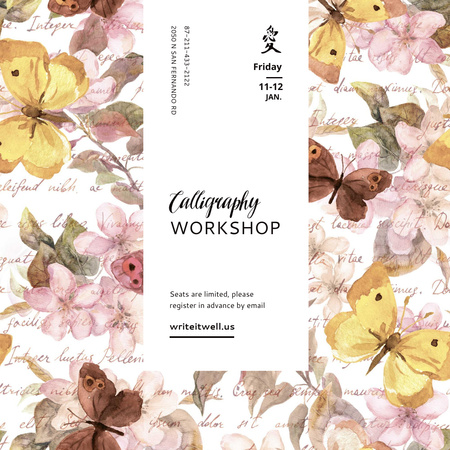 Calligraphy Workshop Ad on Butterflies pattern Instagram Tasarım Şablonu