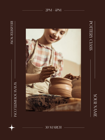 Реклама гончарной мастерской с веселой девушкой, делающей чашу из глины Poster US – шаблон для дизайна