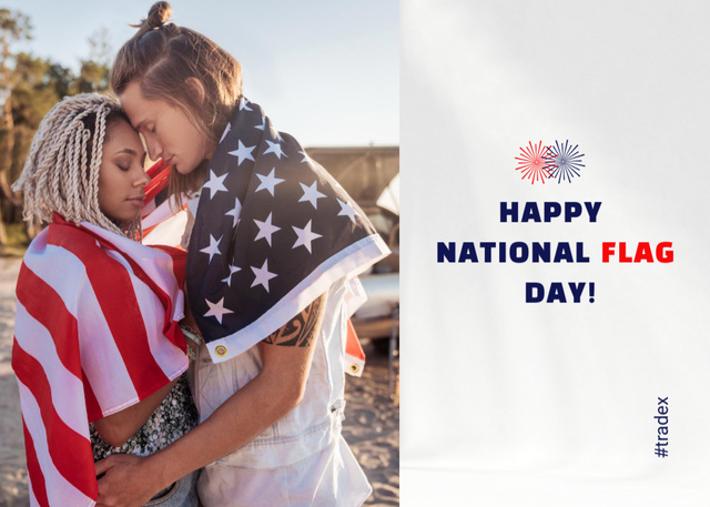 USA National Flag Day Announcement with Happy Couple Postcard 5x7in – шаблон для дизайна